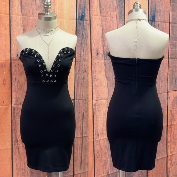 Forever 21 Women's Black Strapless Deep V-neck Pencil Bodycon Mini Dress size S - Picture 8 of 8